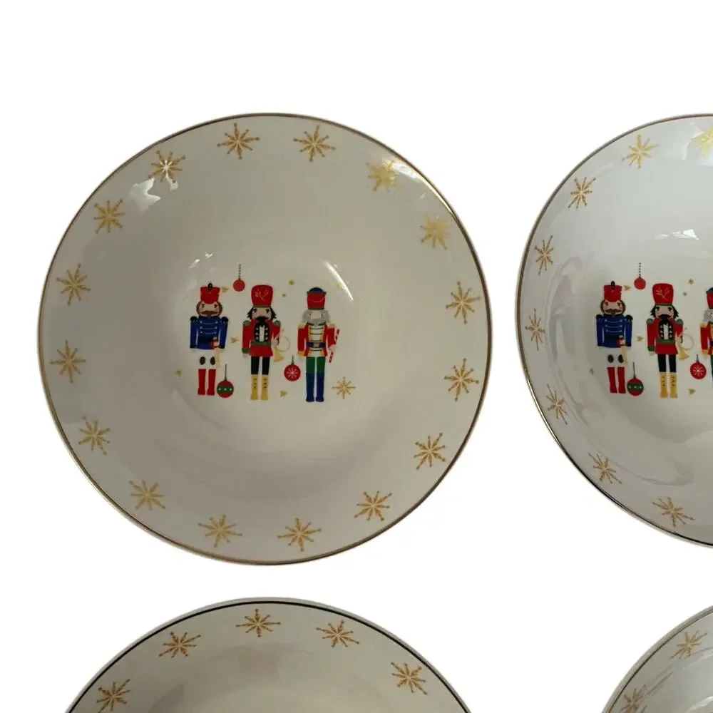 Holiday Style Nutcracker Ceramic Bowls Set 4 Christmas Gold Rim Cottagecore NWT